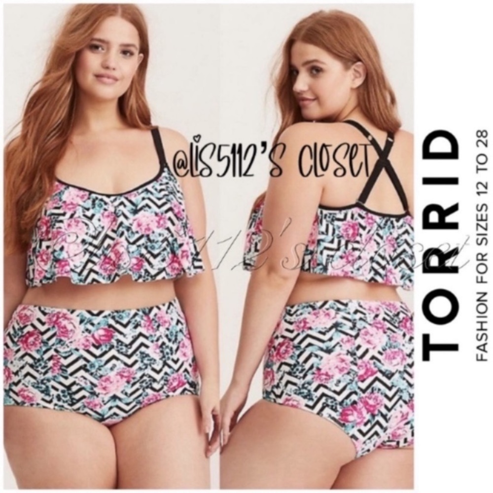 Torrid Rose Chevron Flounce Bikini Top & Matching Bottoms Swimsuit SET 1X 14 16